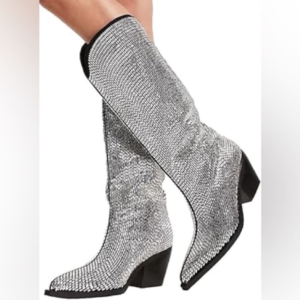 Black and Silver Metallic Rhinestone Boots with Heel